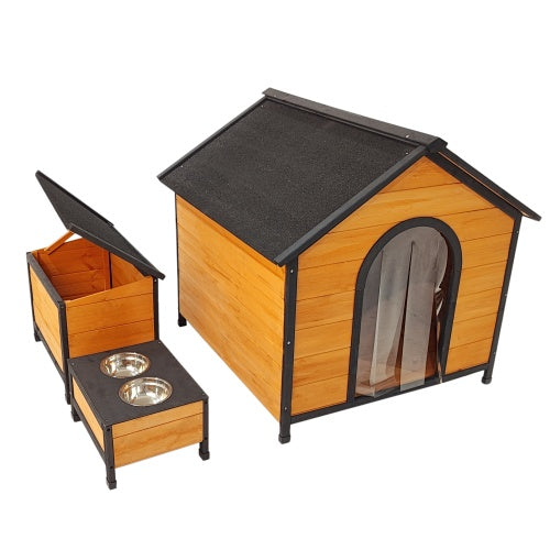 Solid Wood Luxury Dog House with Feeding Station & Toy Storage