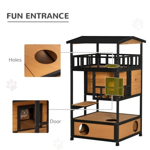 Outdoor Wooden Cat House with Jump Platforms & Escape Door