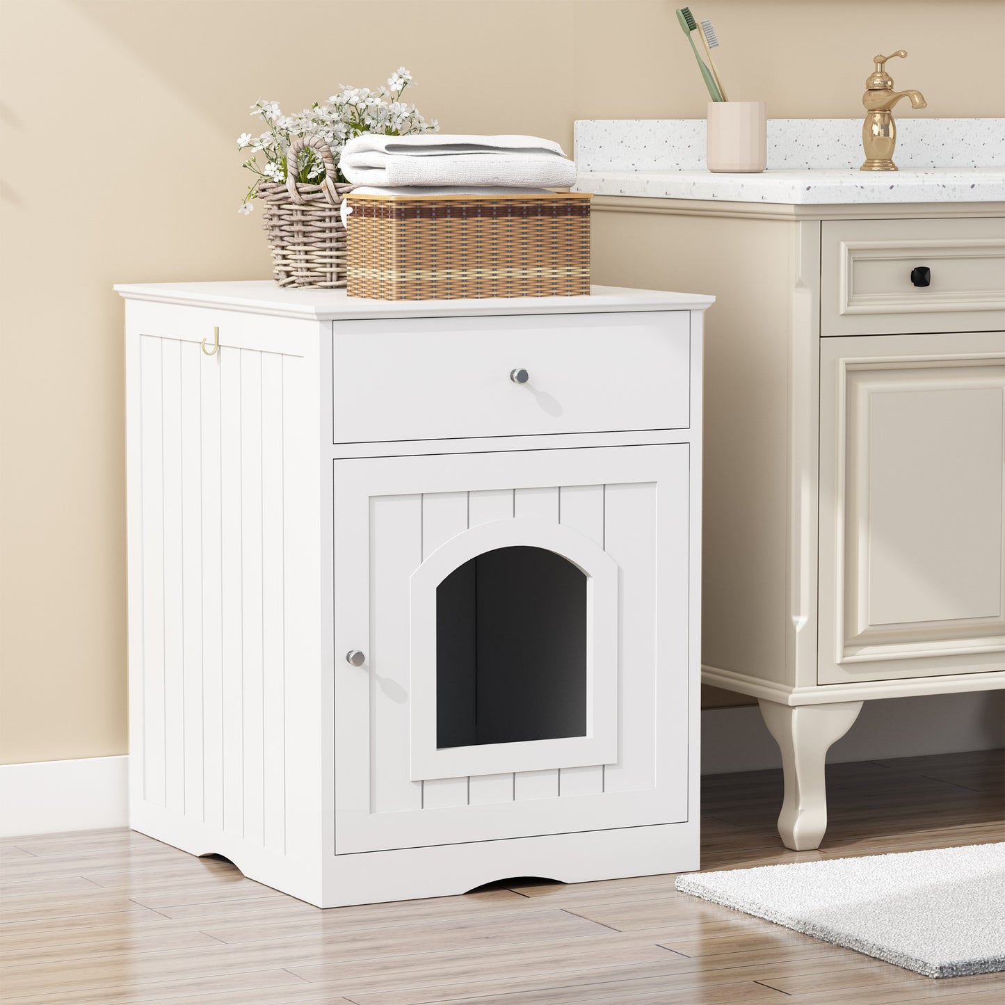 White Wooden Cat Litter Box Enclosure with Drawer & Side Table Design