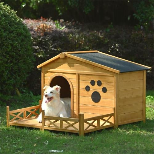 Wooden Dog House for Medium Dogs | Outdoor & Indoor Pine Kennel with Porch, Water-Resistant Asphalt Roof, and Fencing – Natural Wood