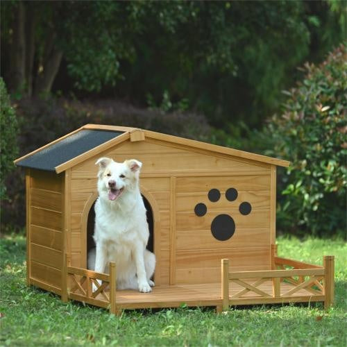 Wooden Dog House for Medium Dogs | Outdoor & Indoor Pine Kennel with Porch, Water-Resistant Asphalt Roof, and Fencing – Natural Wood