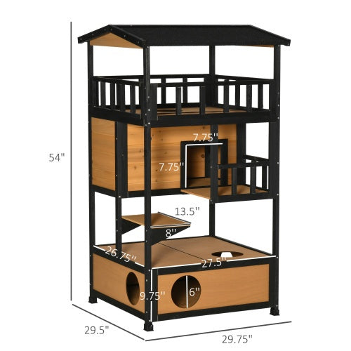 Outdoor Wooden Cat House with Jump Platforms & Escape Door