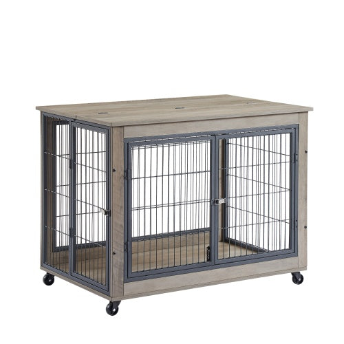 Furniture-Style Dog Crate Side Table with Wheels – Grey