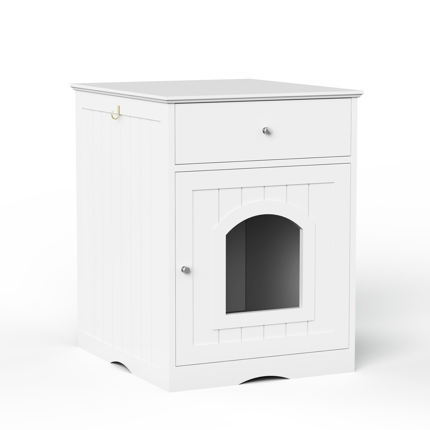 White Wooden Cat Litter Box Enclosure with Drawer & Side Table Design