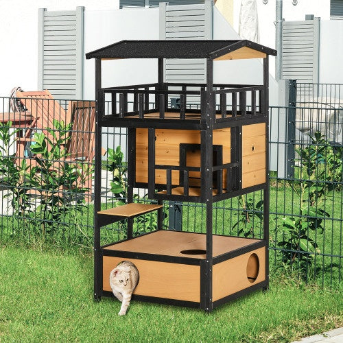 Outdoor Wooden Cat House with Jump Platforms & Escape Door