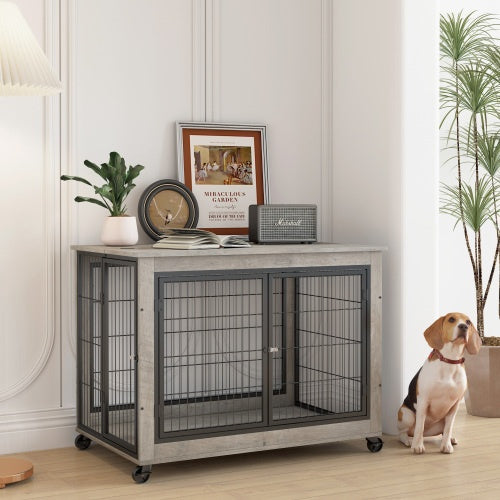 Furniture-Style Dog Crate Side Table with Wheels – Grey