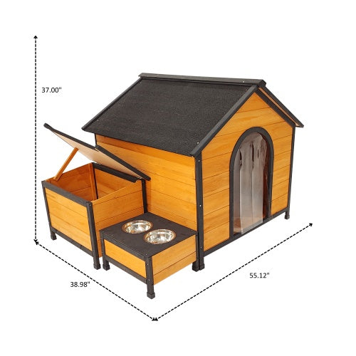 Solid Wood Luxury Dog House with Feeding Station & Toy Storage