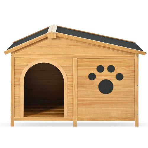 Wooden Dog House for Medium Dogs | Outdoor & Indoor Pine Kennel with Porch, Water-Resistant Asphalt Roof, and Fencing – Natural Wood