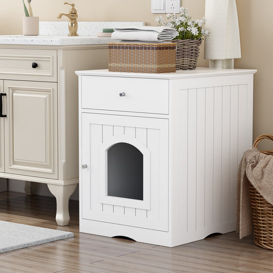 White Wooden Cat Litter Box Enclosure with Drawer & Side Table Design