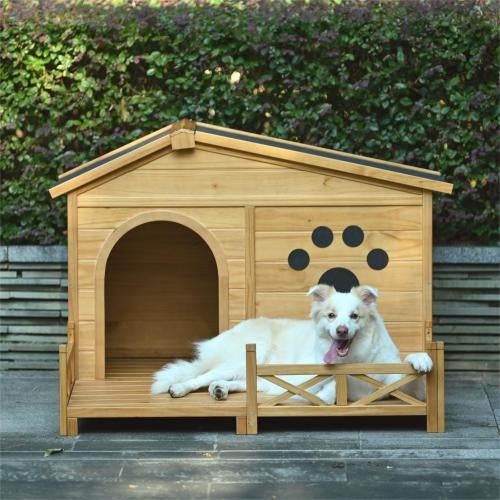 Wooden Dog House for Medium Dogs | Outdoor & Indoor Pine Kennel with Porch, Water-Resistant Asphalt Roof, and Fencing – Natural Wood