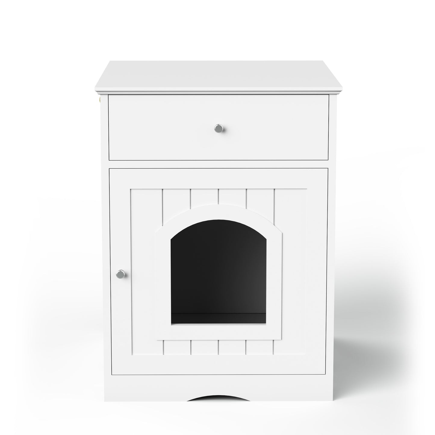 White Wooden Cat Litter Box Enclosure with Drawer & Side Table Design