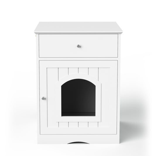 White Wooden Cat Litter Box Enclosure with Drawer & Side Table Design