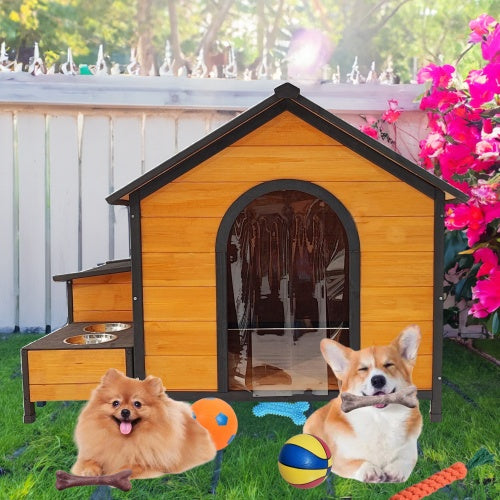 Solid Wood Luxury Dog House with Feeding Station & Toy Storage