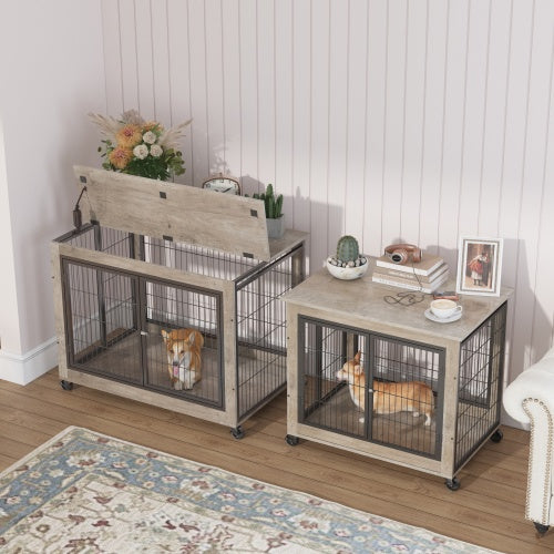Furniture-Style Dog Crate Side Table with Wheels – Grey