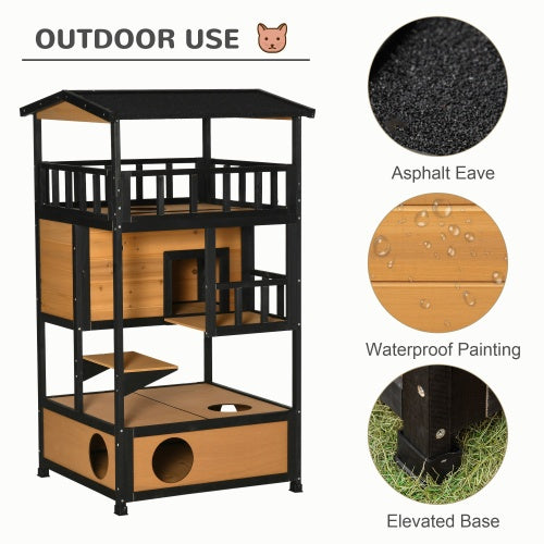 Outdoor Wooden Cat House with Jump Platforms & Escape Door