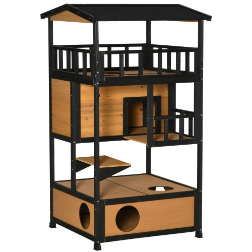 Outdoor Wooden Cat House with Jump Platforms & Escape Door