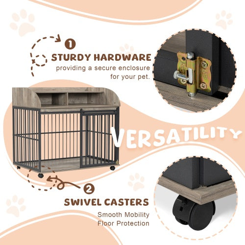Luxury Dog Crate Coffee Table with Storage & Wheels – Grey