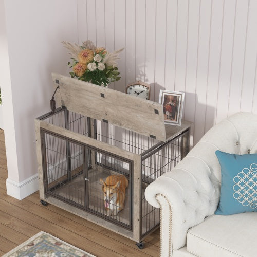 Furniture-Style Dog Crate Side Table with Wheels – Grey