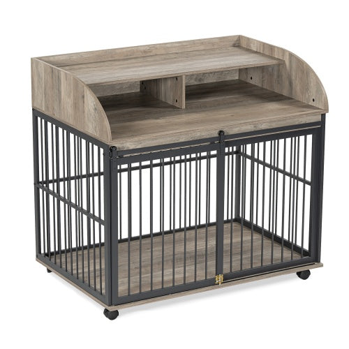 Luxury Dog Crate Coffee Table with Storage & Wheels – Grey
