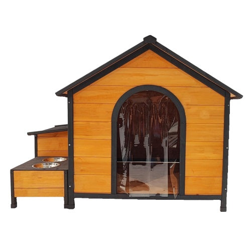 Solid Wood Luxury Dog House with Feeding Station & Toy Storage