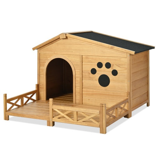 Wooden Dog House for Medium Dogs | Outdoor & Indoor Pine Kennel with Porch, Water-Resistant Asphalt Roof, and Fencing – Natural Wood