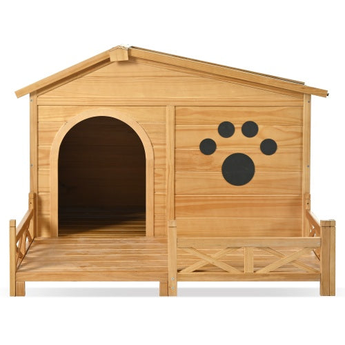 Wooden Dog House for Medium Dogs | Outdoor & Indoor Pine Kennel with Porch, Water-Resistant Asphalt Roof, and Fencing – Natural Wood