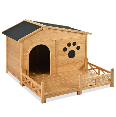 Wooden Dog House for Medium Dogs | Outdoor & Indoor Pine Kennel with Porch, Water-Resistant Asphalt Roof, and Fencing – Natural Wood