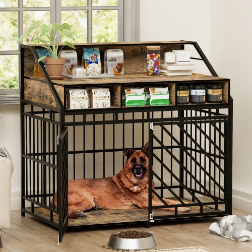 Rustic Brown Dog Crate Furniture with Drawers & Divider