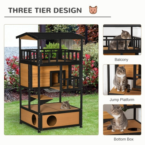 Outdoor Wooden Cat House with Jump Platforms & Escape Door