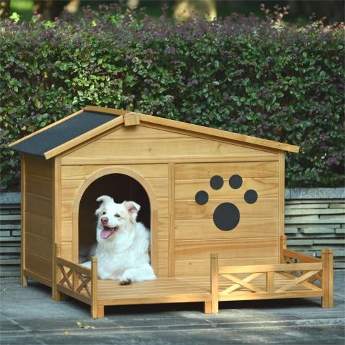 Wooden Dog House for Medium Dogs | Outdoor & Indoor Pine Kennel with Porch, Water-Resistant Asphalt Roof, and Fencing – Natural Wood
