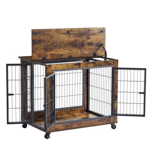 Furniture Style Dog Crate Side Table On Wheels With Double Doors And Lift Top
