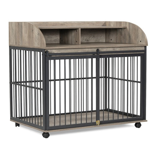 Luxury Dog Crate Coffee Table with Storage & Wheels – Grey