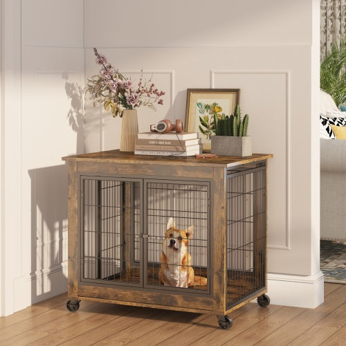 Furniture Style Dog Crate Side Table On Wheels With Double Doors And Lift Top