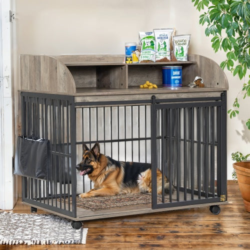 Luxury Dog Crate Coffee Table with Storage & Wheels – Grey