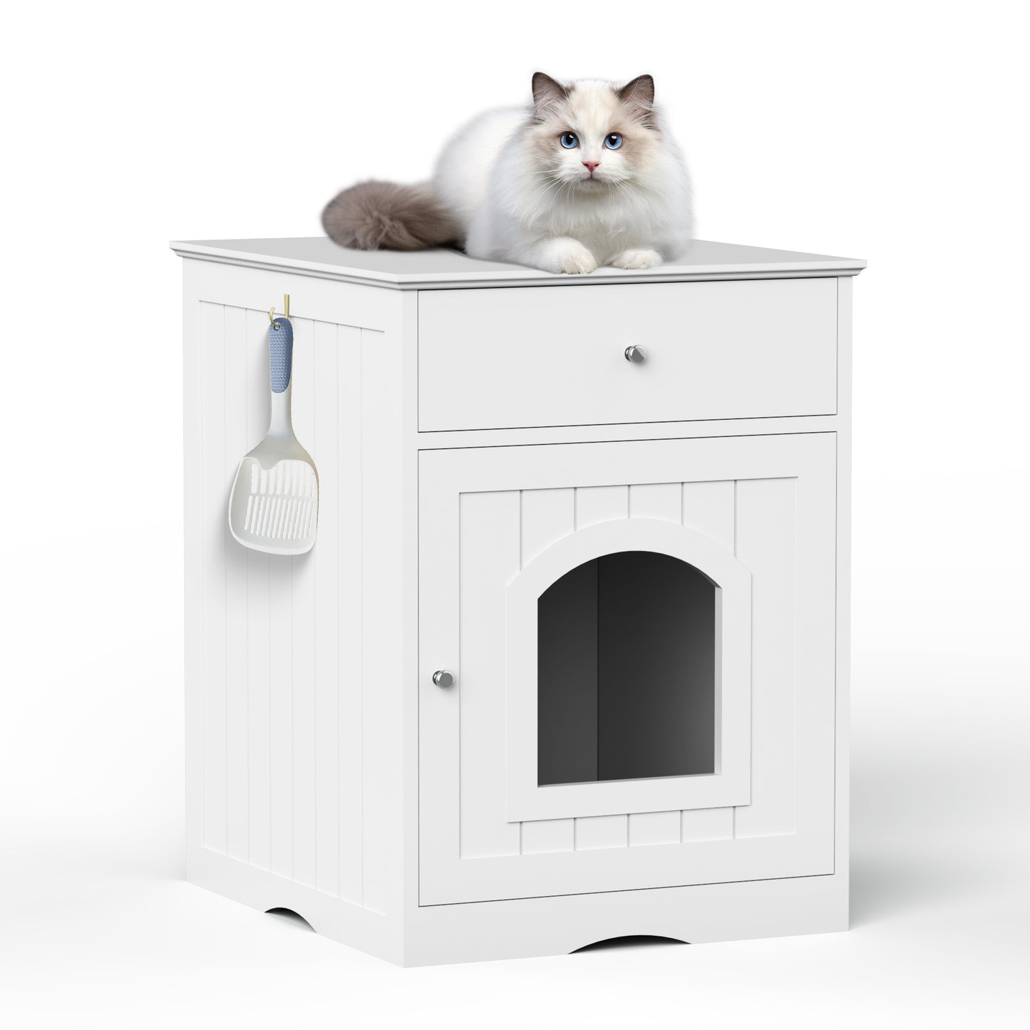 White Wooden Cat Litter Box Enclosure with Drawer & Side Table Design