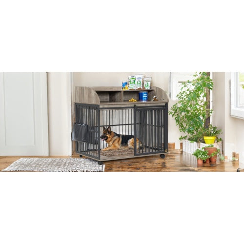Luxury Dog Crate Coffee Table with Storage & Wheels – Grey