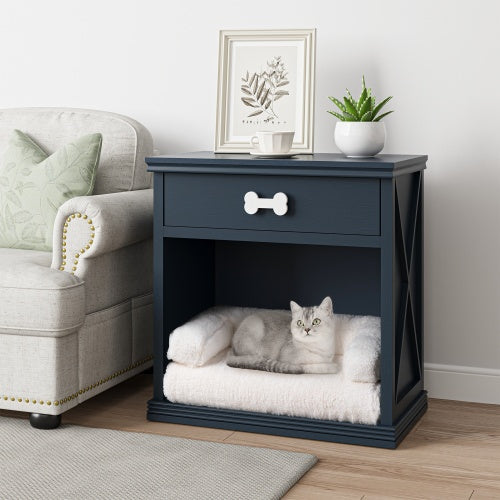 Vintage Pet Bed Cabinet with LED Lighting & Storage Drawers – Blue