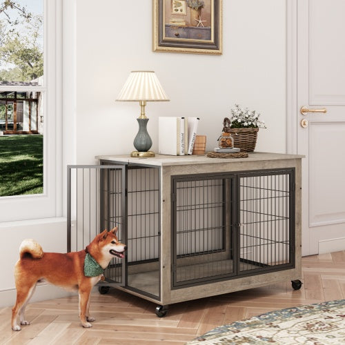 Furniture-Style Dog Crate Side Table with Wheels – Grey