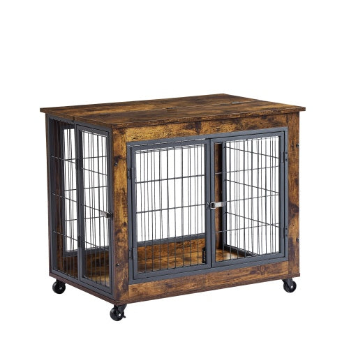 Furniture Style Dog Crate Side Table On Wheels With Double Doors And Lift Top