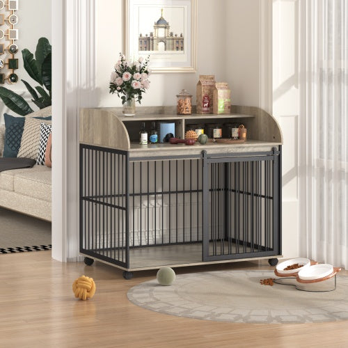 Luxury Dog Crate Coffee Table with Storage & Wheels – Grey