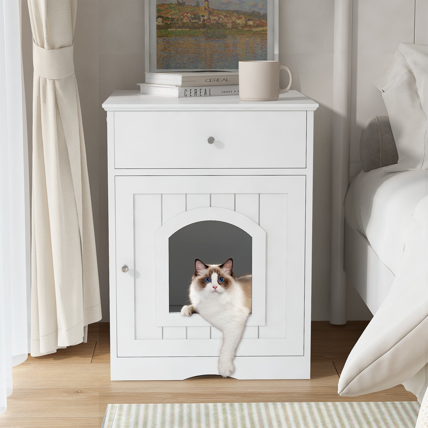 White Wooden Cat Litter Box Enclosure with Drawer & Side Table Design