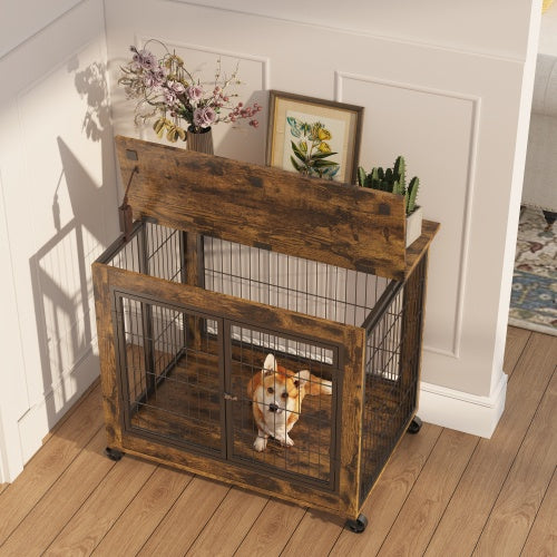 Furniture Style Dog Crate Side Table On Wheels With Double Doors And Lift Top