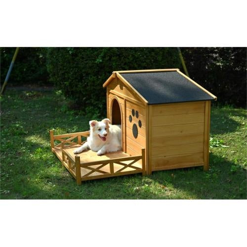 Wooden Dog House for Medium Dogs | Outdoor & Indoor Pine Kennel with Porch, Water-Resistant Asphalt Roof, and Fencing – Natural Wood