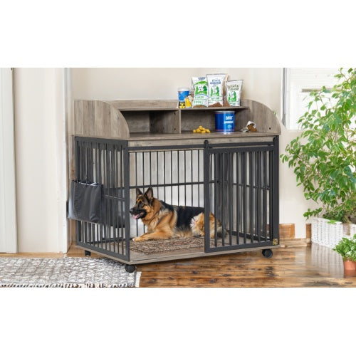 Luxury Dog Crate Coffee Table with Storage & Wheels – Grey