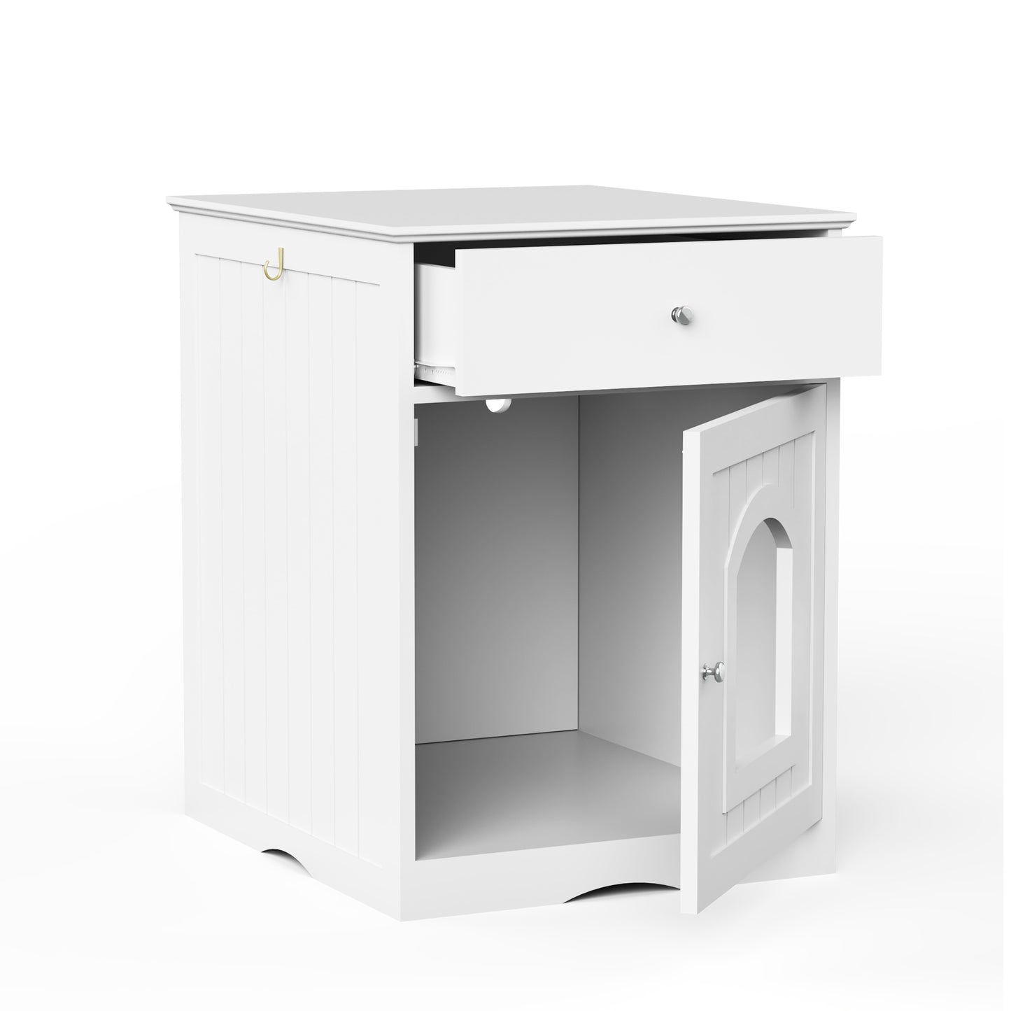 White Wooden Cat Litter Box Enclosure with Drawer & Side Table Design