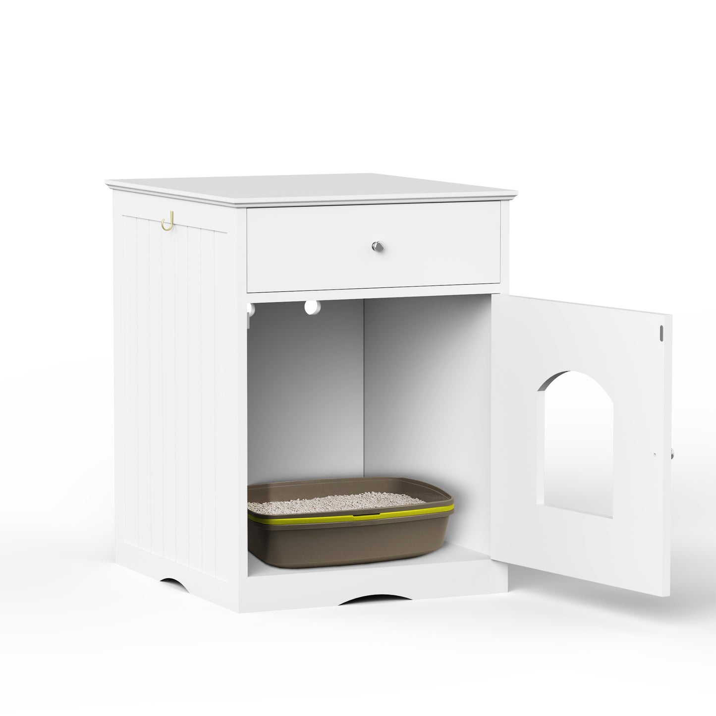 White Wooden Cat Litter Box Enclosure with Drawer & Side Table Design